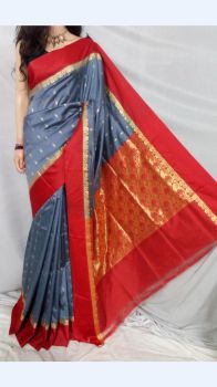 Dark Grey Garad Silk Saree with Red border