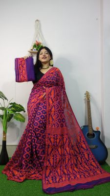 Red Blue Pure Handloom Cotton Saree From Bengal