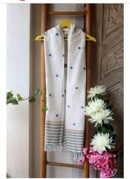 White Pure Handloom Butta Cotton Stole From Assam