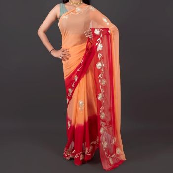 Orange And Red Gota Work Chiffon Saree