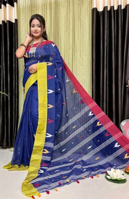 Navy Blue Pure Handloom Silk Cotton Saree From Bengal