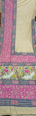 Cream Pure Handloom Kantha Silk Saree From Bengal