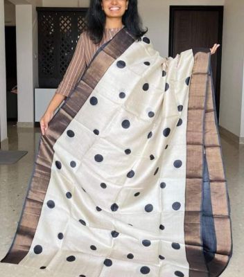 White Pure Handloom Tussar Silk Saree From Bengal
