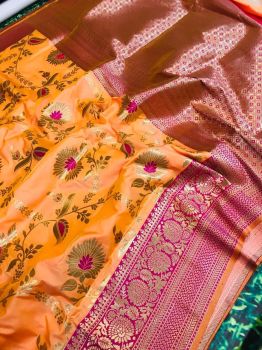Orange Pink Flower Design Zari Work Kanchipuram Silk Saree