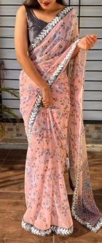 Pink Printed with work lace Georgette Saree