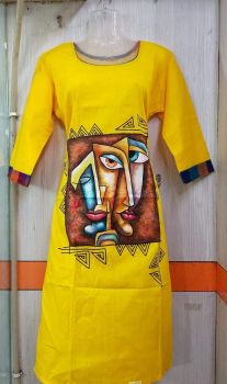 Yellow Pure Handloom Printed Desgin Kurti From Bengal