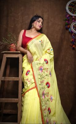 Light Yellow Pure Handloom Silk Cotton Saree From Bengal