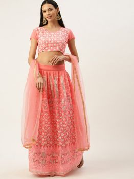 Peach Georgette Emboridered Semi-Stitched Lehenga