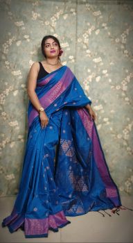 Navy Blue Pure Handloom Banarasi Cotton Saree From Bengal