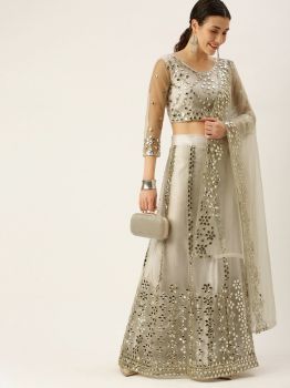 Off White Heavy Soft Net Embroidered Mirror Work Semi-Stitched Lehenga
