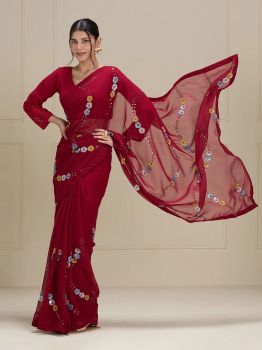 Red Party Wear Georgette Flower Gotta Work Saree