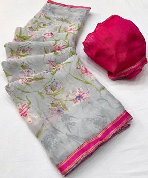 Grey Flower Design Printed Work Chiffon Saree