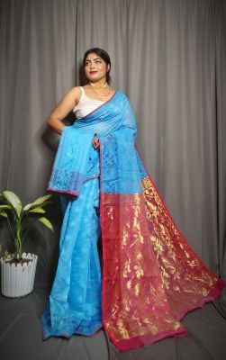 Sky Blue Pure Handloom Dhakai Jamdani Saree From Bengal