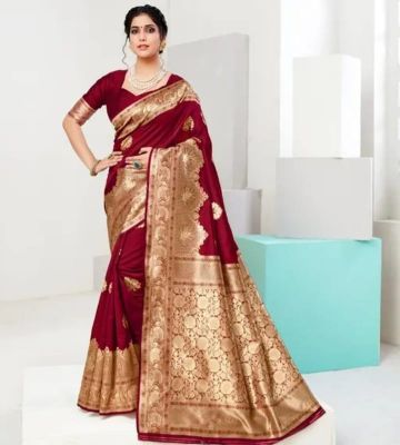 Maroon Pure Handloom Banarasi Silk Cotton Saree From Banaras