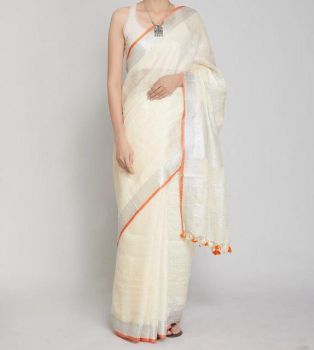 Light Cream & Orange Plain Hand Woven Linen Saree