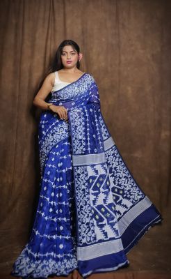 Blue Pure Handloom Dhakai Jamdani Saree From Bengal