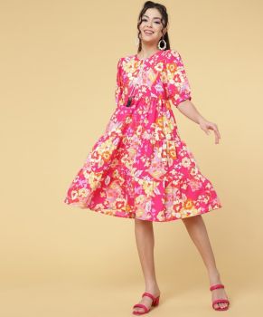 Pink One Piece Printed Polyester Digital Print Round Neck
