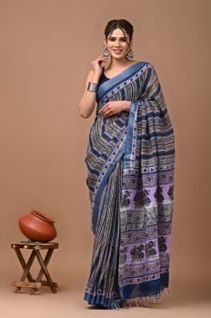 Navy Blue Pure Handloom Linen Cotton Saree From Bihar