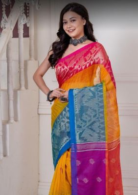 Multi Colour Pure Handloom Linen By Linen Saree From Bengal