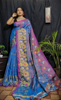 Blue Flower Tissue Cotton Saree