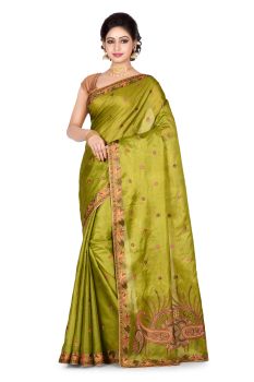 Mehndi Green Flower Pure Handloom Tassar Silk Saree