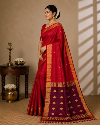 Red Maroon Pure Handloom Maheshwari Silk Cotton Saree From Bengal