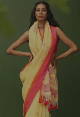 Light Yellow Pure Handloom Linen By Linen Saree From Bengal