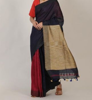 Black & Red Half and Half Hand Woven Linen Saree