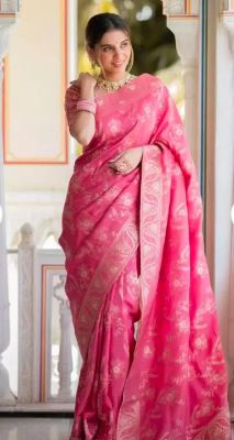 Dark Pink Pure Handloom Embellished Silk Saree From Banaras