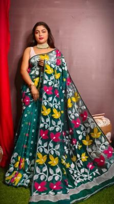 Teal Pure Handloom Dhakai Jamdan Saree From Bengal