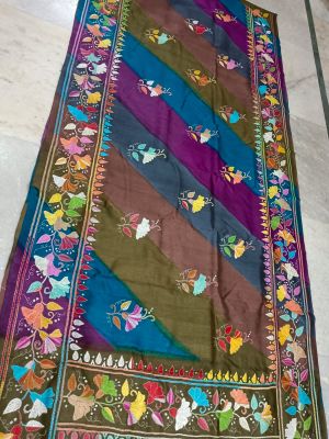 Multi Colour Pure Handloom Kantha Silk Saree From Bengal