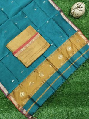 Teal Pure Handloom Maheshwari Silk Cotton Saree From Bengal