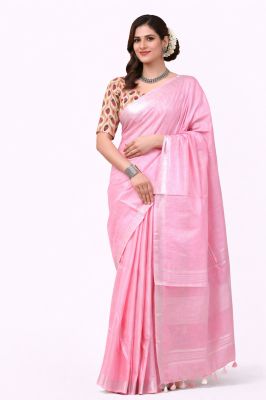 Light Pink Women's Graceful Pure Linen Saree–Traditional Handloom