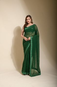 Bottle Green Sequence Embroidery Work Georgette Saree
