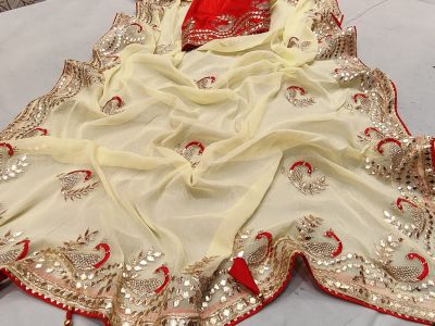 Light Yellow Peacock Chiffon Saree From Banaras