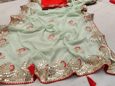 Sea Green Peacock Chiffon Saree From Banaras