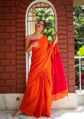 Orange Kantha Cotton Handloom Saree From Bengal