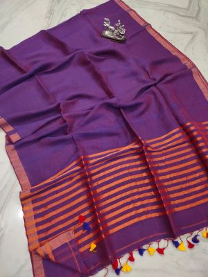 Purple Pure Handloom Linen By Linen Saree From Bengal