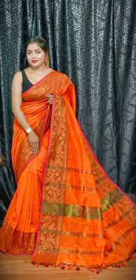 Light Orange Pure Handloom Dhakai Jamdani Saree from Bengal