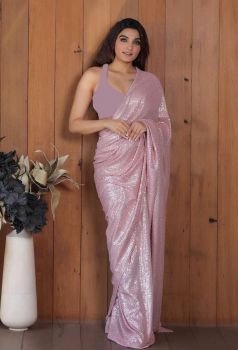 Light Pink Motifs Sequence Embroidery Sequence Work Georgette Saree