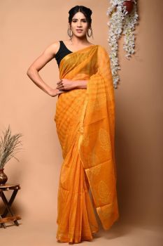 Cadmium Orange Hand Block Kota Doriya Printed Leaf Design Saree