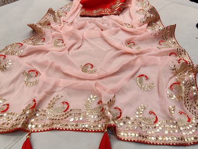 Light Pink Peacock Chiffon Saree From Banaras