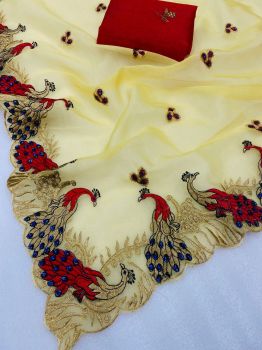 Light Yellow Peacock Design Embroidery Diamond Work Organza Saree
