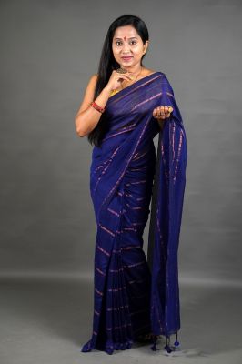 Navy Blue Pure Handloom Cotton Saree From Bengal