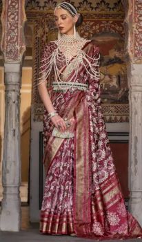 Maroon Flower Design Handloom Banarasi Silk Saree From Banaras