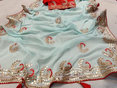 Light Sky Blue Peacock Chiffon Saree From Banaras