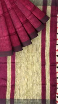 Magenta & Black Plain Linen With Stripes Saree