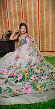 White Hand Printed Pure Handloom Organza Saree