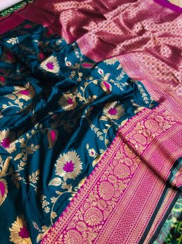 Dark Teal Blue Pink Flower Design Zari Work Kanchipuram Silk Saree