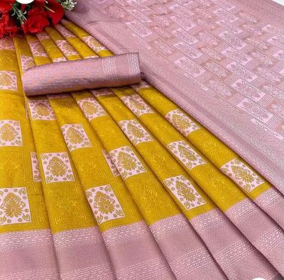 Golden Pure Handloom Silk Cotton Saree From Banaras